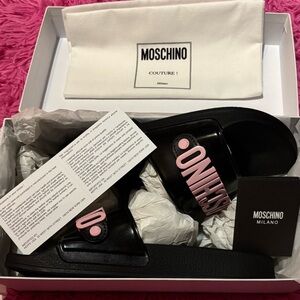 Moschino Black and Pink Slip-On Logo Slides